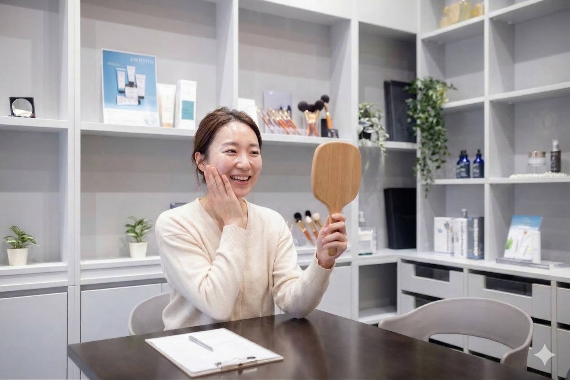 三田市エステサロン ルナクレッシェンテで施術後に鏡で肌を確認するお客様 - フェイシャルエステ・毛穴ケア・たるみ改善の効果に笑顔で満足される様子。化粧品棚を背景にした清潔感のあるカウンセリングスペース